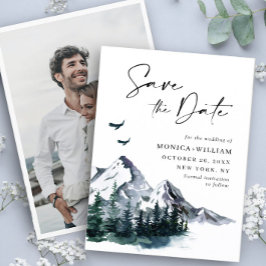Elegantes Watercolor-Gebirge Wald Hochzeit Foto Save The Date