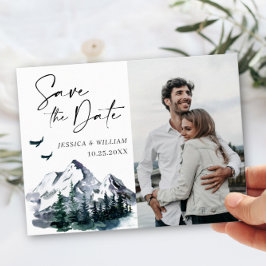 Elegantes Watercolor-Gebirge Wald Hochzeit Foto Save The Date