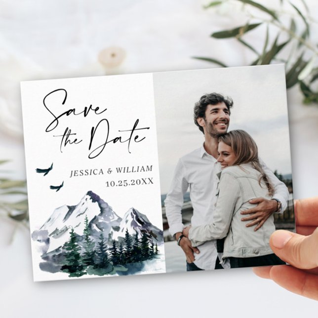 Elegantes Watercolor-Gebirge Wald Hochzeit Foto Save The Date (Von Creator hochgeladen)