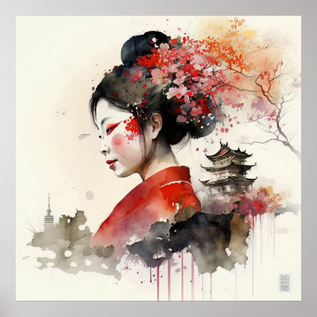 Elegantes Watercolor Geisha Portrait Poster (Vorne)