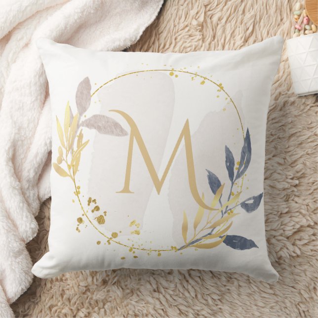 Elegantes Watercolor Gold Wreath Monogramm Kissen (Decke)