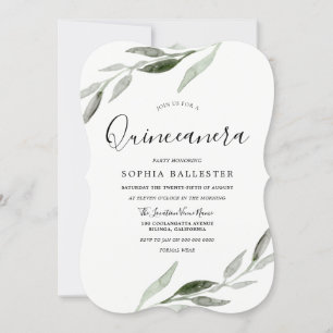 Elegantes Watercolor Green Leaf Quinceanera Party Einladung