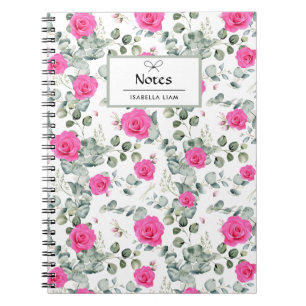 Elegantes Watercolor Grüne Rosa Blume Muster Notizblock