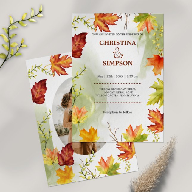 Elegantes Watercolor Herbst Foto Hochzeit Einladung (Elegant Yellow Leaves Autumn Photo Wedding Invitation)