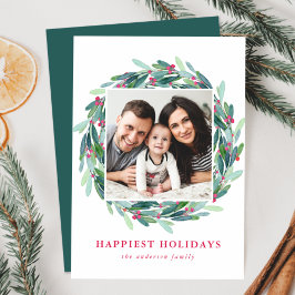 Elegantes Watercolor Holly Berry Wreath Foto Feiertagskarte