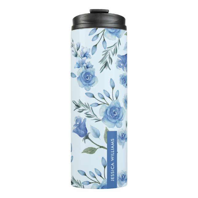 Elegantes Watercolor Hübsch Blue Floral Monogramm Thermosbecher (Vorderseite)