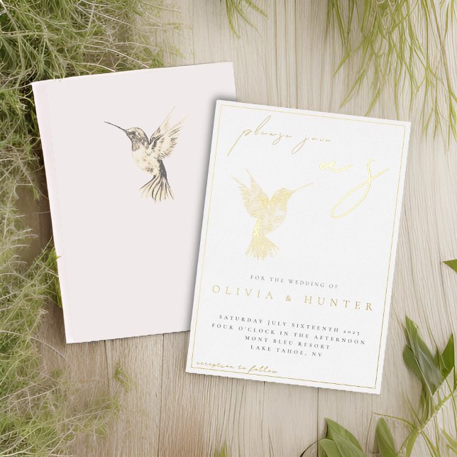Elegantes Watercolor Hummingbird Wedding Gold Folieneinladung (Von Creator hochgeladen)