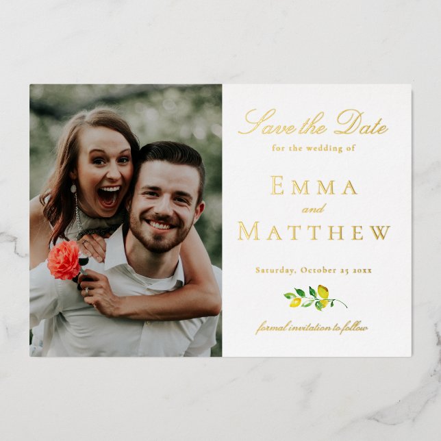 Elegantes Watercolor Lemon Foto Folieneinladung (Vorderseite)