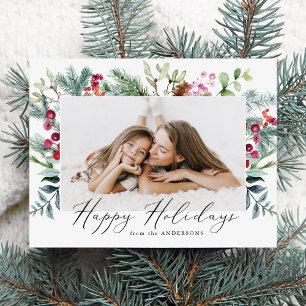 Elegantes Watercolor Lila Berries & Greenery Foto Feiertagspostkarte