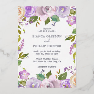 Elegantes Watercolor Lila Blumensilber Folieneinladung