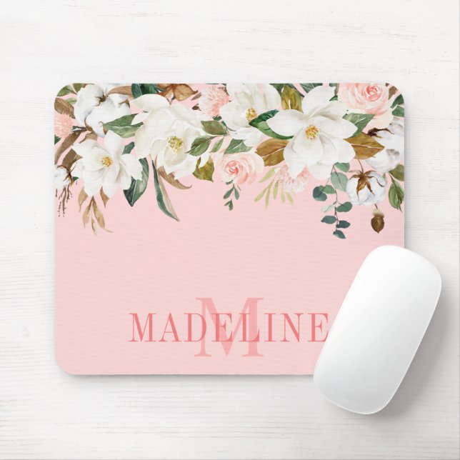 Elegantes Watercolor Magnolias Rose Blumenmonogram Mousepad (Mit Mouse)