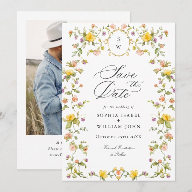 Elegantes Watercolor Meadow Wildblume Hochzeit Fot Save The Date (Vorne/Hinten)