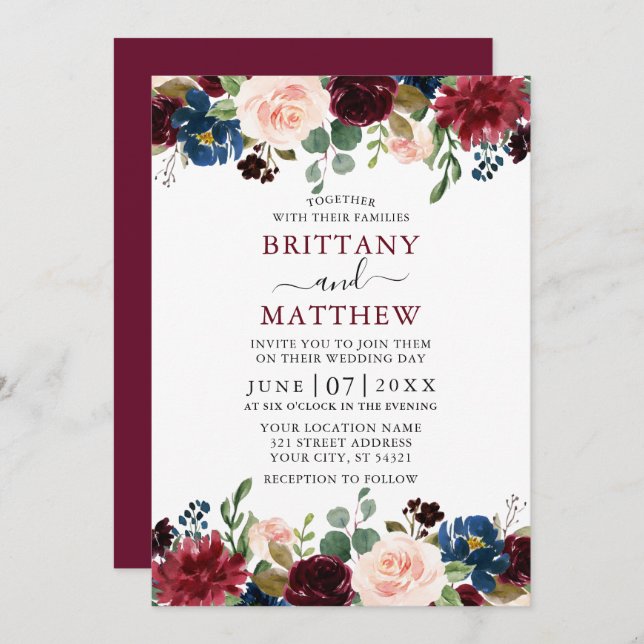 Elegantes Watercolor Mixed Floral Wedding Burgundy Einladung (Vorne/Hinten)