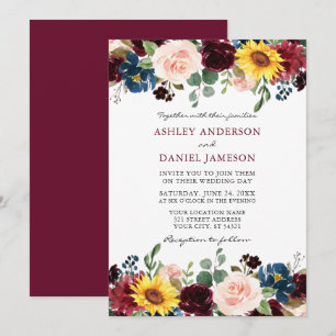 Elegantes Watercolor Mixed Floral Wedding Burgundy Einladung