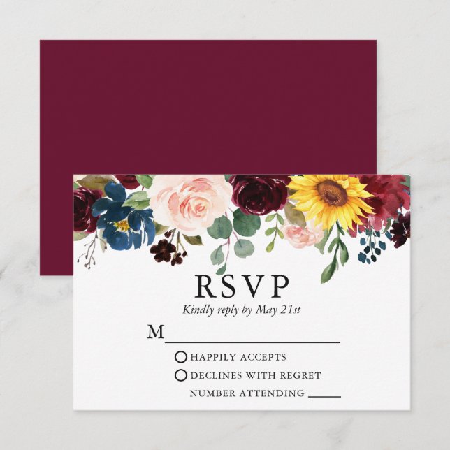 Elegantes Watercolor Mixed Floral Wedding Burgundy RSVP Karte (Vorne/Hinten)