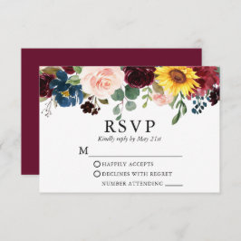 Elegantes Watercolor Mixed Floral Wedding Burgundy RSVP Karte