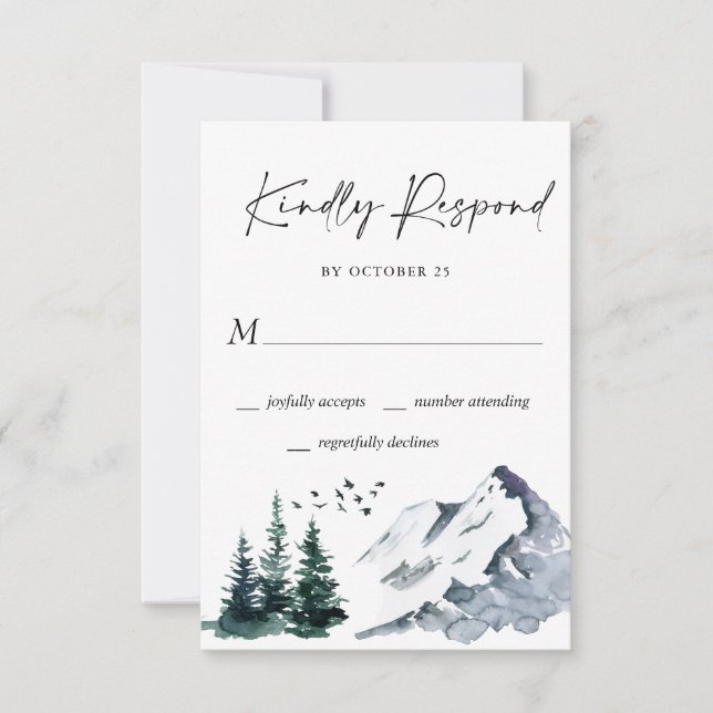 Elegantes Watercolor Mountains Forest Wedding RSVP (Vorderseite)
