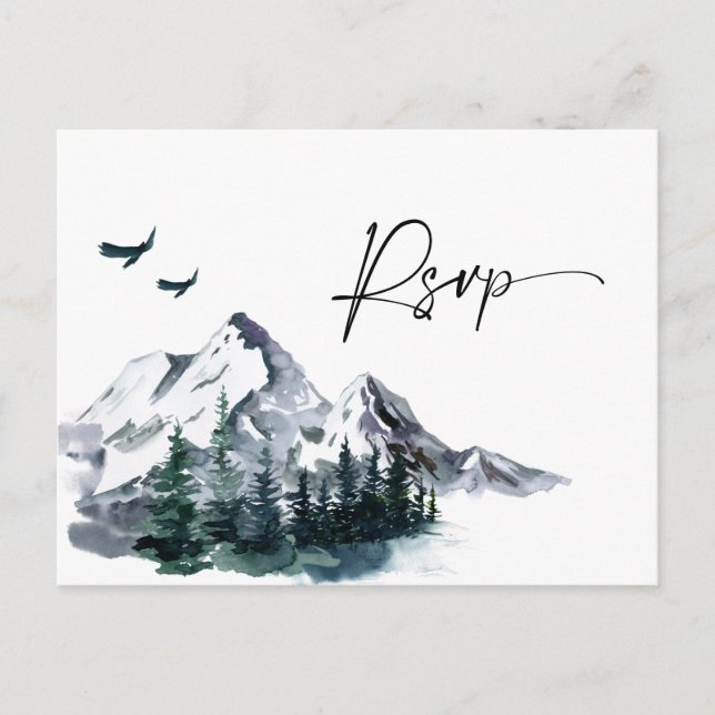Elegantes Watercolor Mountains Forest Wedding RSVP Postkarte (Vorderseite)
