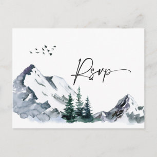 Elegantes Watercolor Mountains Forest Wedding RSVP Postkarte