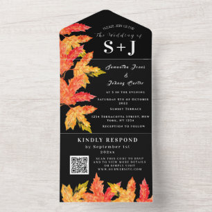 Elegantes Watercolor Orange Blätter Wedding RSVP All In One Einladung
