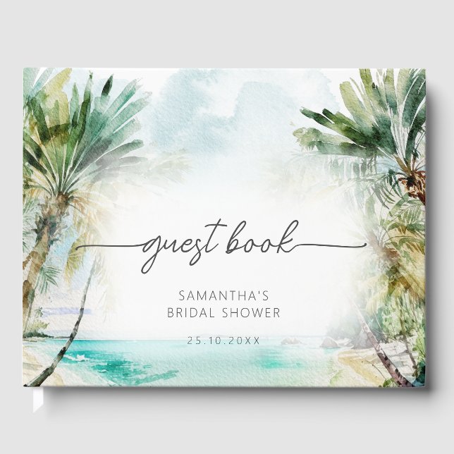 Elegantes Watercolor Palm Tree Beach Brautparty Gästebuch (Vorderseite)