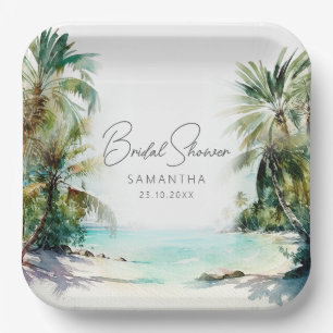 Elegantes Watercolor Palm Tree Beach Brautparty Pappteller