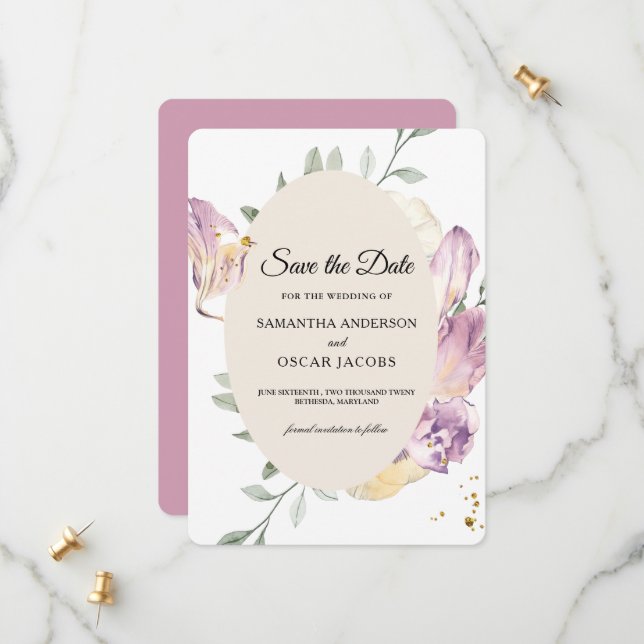 Elegantes Watercolor Pansy Flora Oval Save The Date (Vorderseite/Rückseite Beispiel)