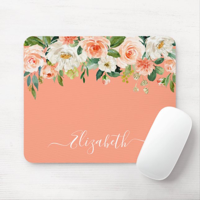 Elegantes Watercolor Peach Floral Trendy Script Mousepad (Mit Mouse)