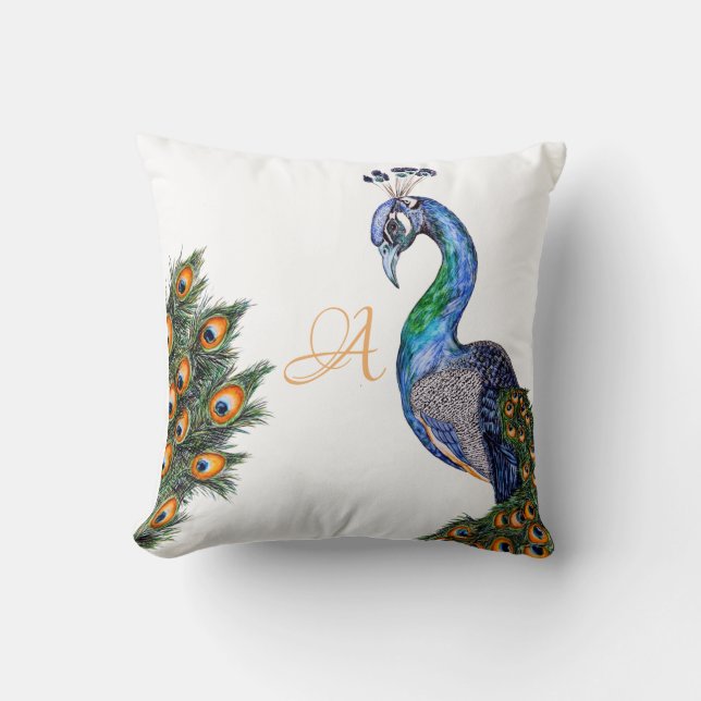 Elegantes Watercolor Peacock Monogramm weiß Kissen (Vorderseite)