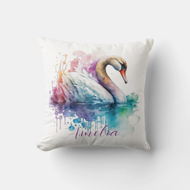 Elegantes Watercolor Personalisiert Swan Geburtsta Kissen (Vorderseite)