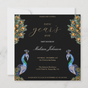 Elegantes Watercolor Pfau Silvester-Party Einladung
