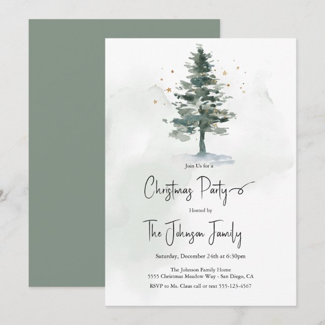 Elegantes Watercolor Pine Tree Chic Weihnachts-Par Einladung (Vorne/Hinten)