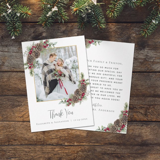 Elegantes Watercolor Pine Winter Wedding Foto Dankeskarte (Von Creator hochgeladen)