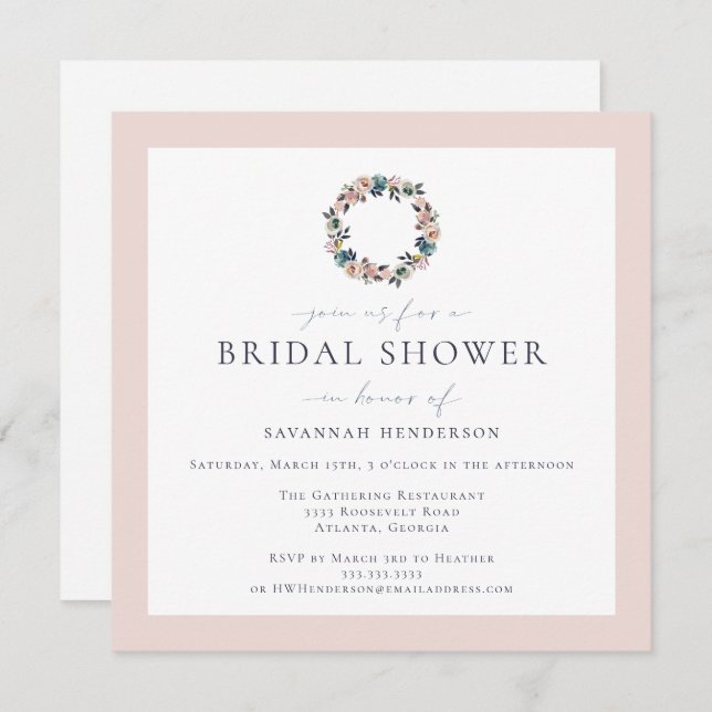 Elegantes Watercolor Pink Blue Wreath Brautparty Einladung (Vorne/Hinten)