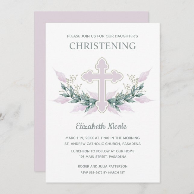 Elegantes Watercolor Pink Christening Einladung (Vorne/Hinten)