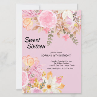 Elegantes Watercolor Pink Floral 16 . Geburtstag Einladung