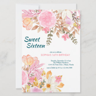 Elegantes Watercolor Pink Floral 16 . Geburtstag Einladung