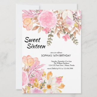 Elegantes Watercolor Pink Floral 16 . Geburtstag Einladung