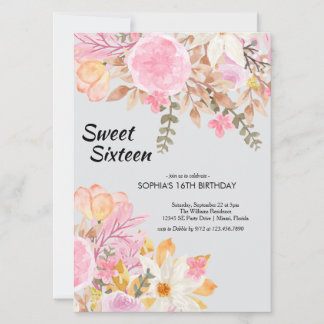 Elegantes Watercolor Pink Floral 16 . Geburtstag Einladung