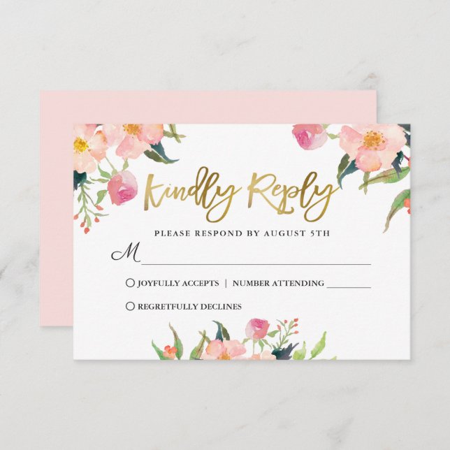 Elegantes Watercolor Pink Floral Gold Script RSVP Karte (Vorne/Hinten)