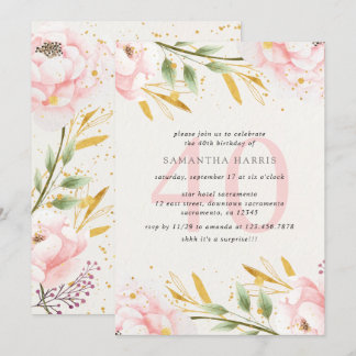 Elegantes Watercolor Pink & Gold 40. Geburtstags-P Einladung