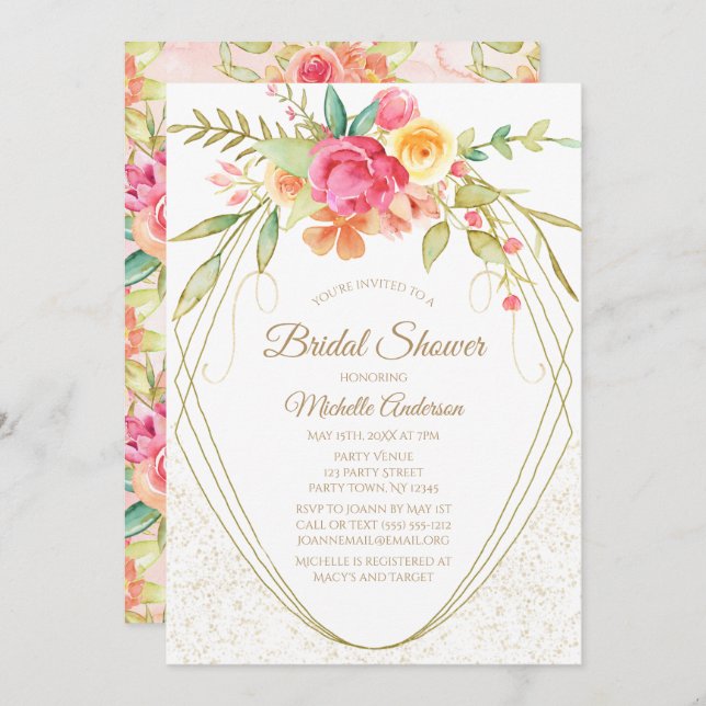 Elegantes Watercolor Pink Gold Floral Brautparty Einladung (Vorne/Hinten)