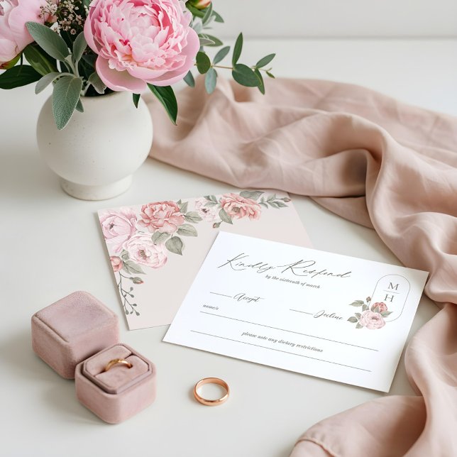 Elegantes Watercolor Pink Peony Floral Monogram RSVP Karte (Elegant Watercolor Pink Peony Floral Monogram RSVP Card)