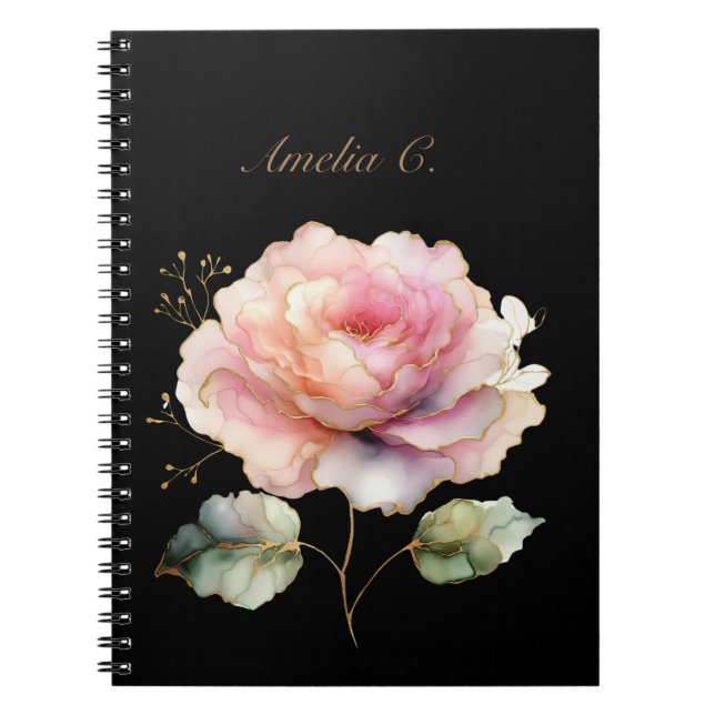 Elegantes Watercolor Pink Rose Black Notebook Notizblock (Vorderseite)