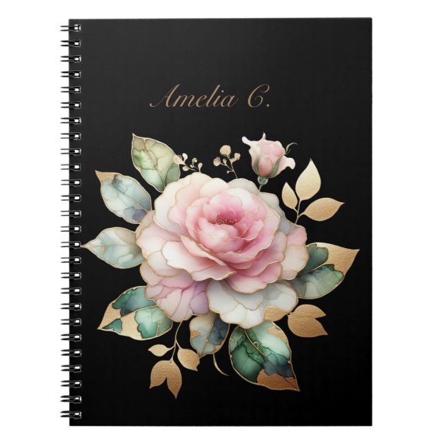 Elegantes Watercolor Pink Rose Black Notebook Notizblock (Vorderseite)