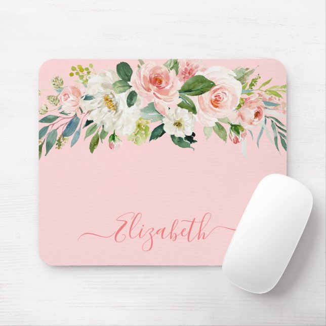Elegantes Watercolor Pink White Floral Trendy Scri Mousepad (Mit Mouse)