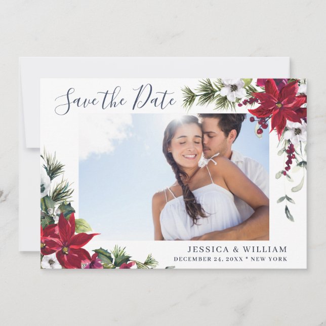Elegantes Watercolor Poinsettia Pine FOTO Hochzeit Save The Date (Vorderseite)