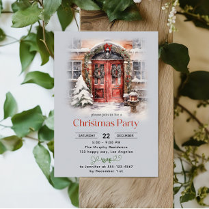 Elegantes Watercolor Red Door Weihnachts-Party Einladung