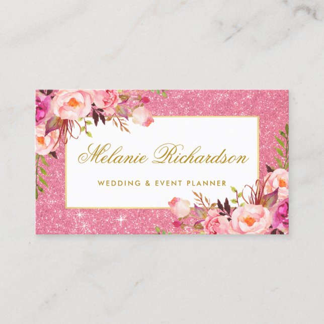Elegantes Watercolor-Rosa-BlumenGlitzer Visitenkarte (Vorderseite)