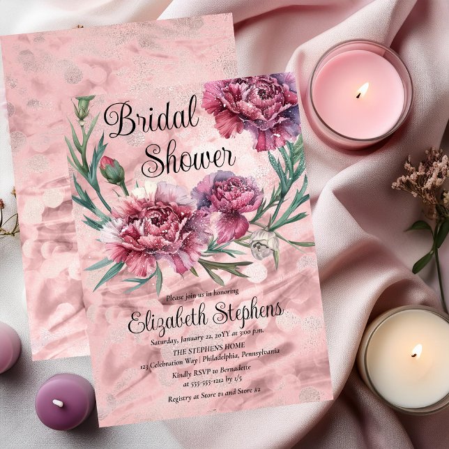 Elegantes Watercolor Rosa Nelken Brautparty Einladung (Elegant Watercolor Pink Carnations Bridal Shower Invitation - Print and/or Digital Download Options)